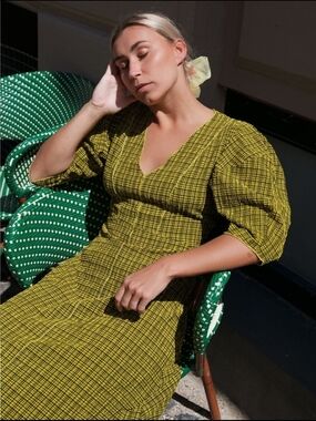 Notes Du Nord Yellow Black Checked V-Neck Midi Dress
